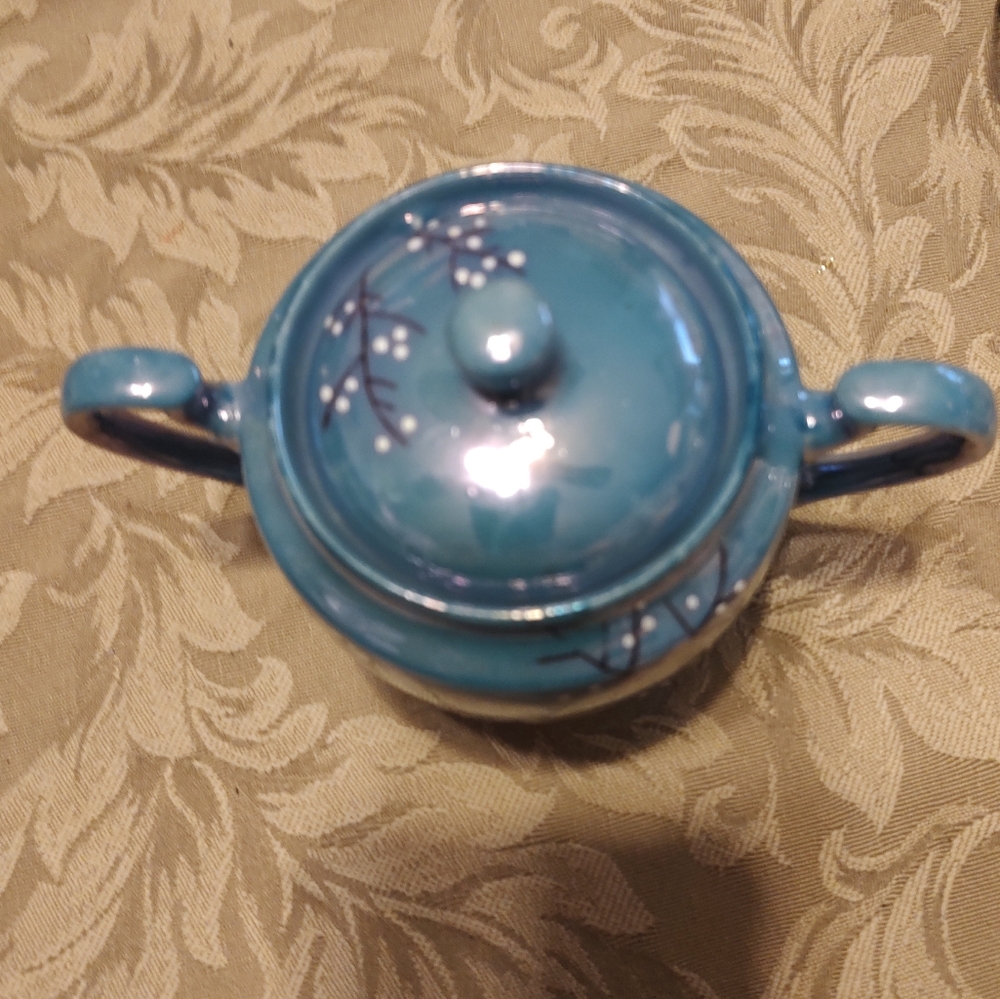 🔹⛩️🔹Gorgeous Antique 1940's Blue Lusterware Cherry Blossom Nippon Sugar Bowl - Picture 8 of 11